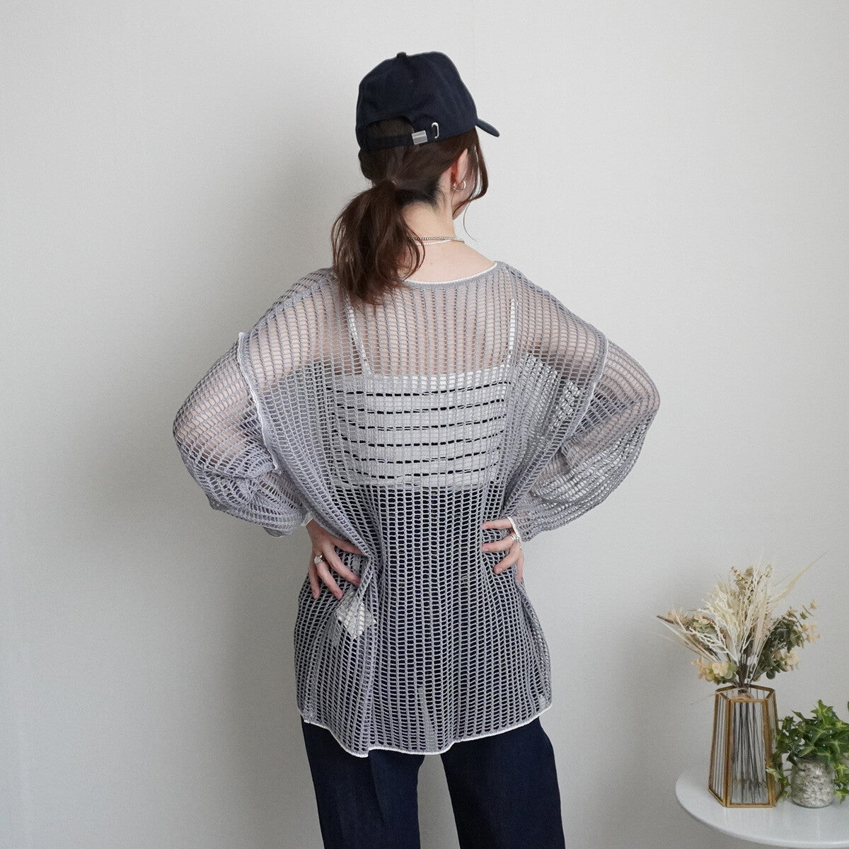 Mesh Linking Sheer Knit Pullover Top
