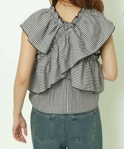 Cross-Gathered Check Blouse