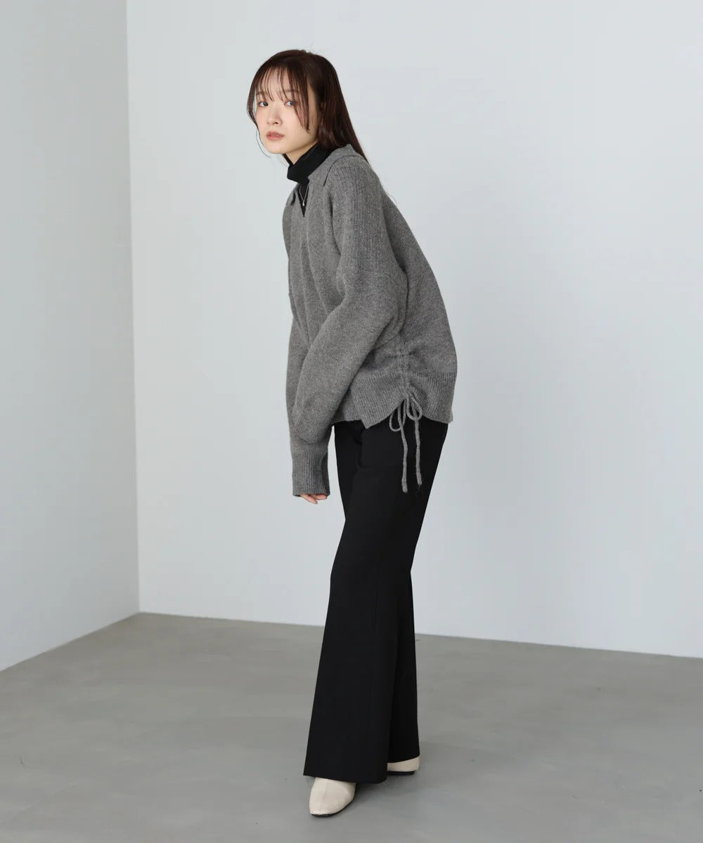 Bab Collared Ribbed Knit Top with Side Drawstring