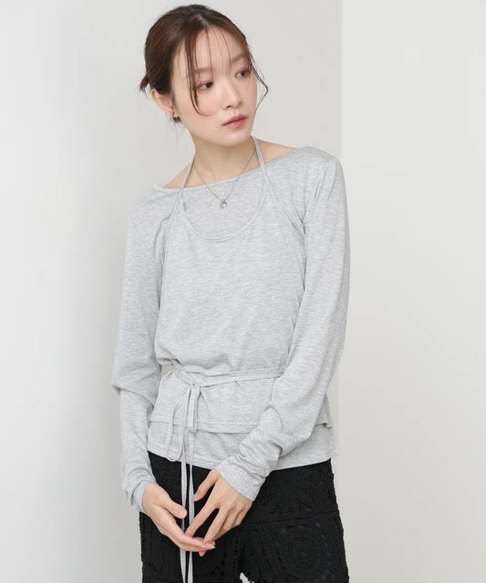 Women’s Long Sleeve Tie Waist Top – Casual Minimal Style