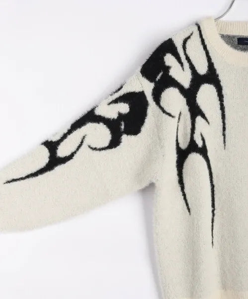 Feather Yarn Loose-Fitting Tribal Print Crew Knit