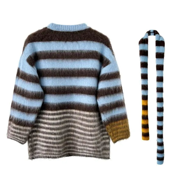 Multi-Border Shaggy Knit with Scarf