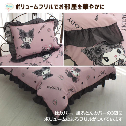 Kuromi My Melody Midnight Melo Kuro Volume Frill Duvet Cover 3-Piece Set Single