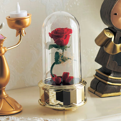 Beauty and the Beast Dome Rose Music Box with Preserved Flowers