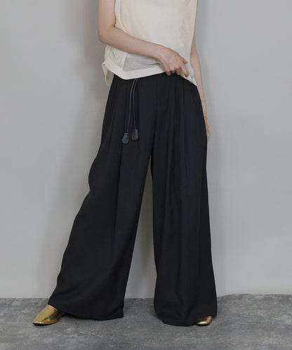 BLUE EAST Wide Linen Blend Pants with Leather Drawstring Belt