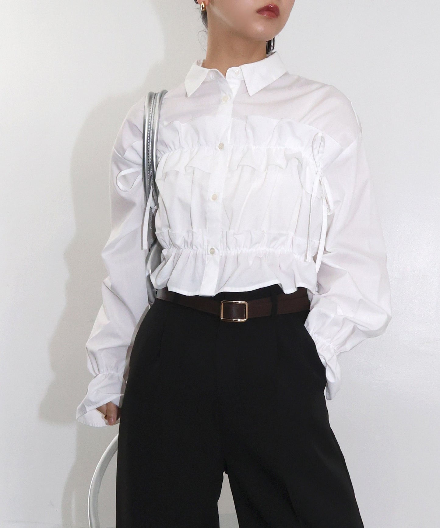 Plain Short Length Frill Shirt Blouse