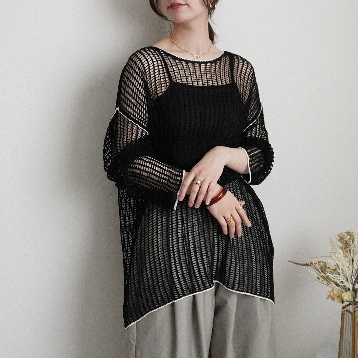 Mesh Linking Sheer Knit Pullover Top