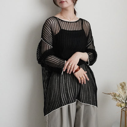 Mesh Linking Sheer Knit Pullover Top