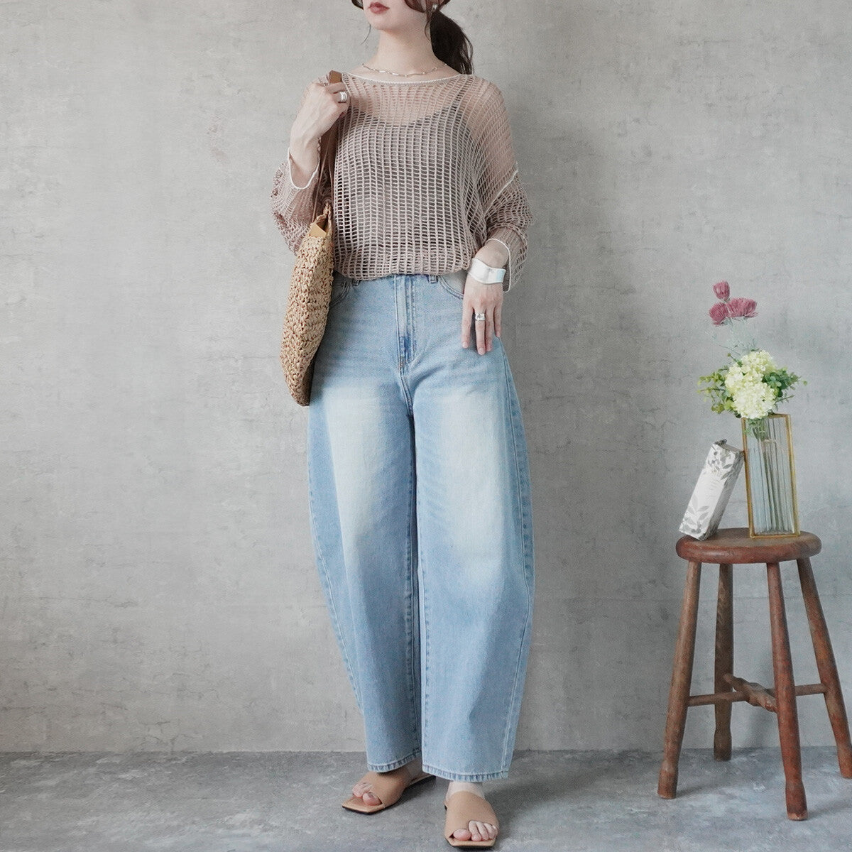 Mesh Linking Sheer Knit Pullover Top