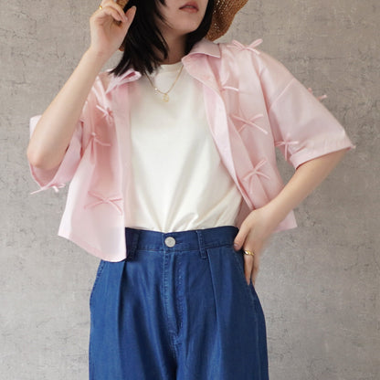 Ribbon Short Sleeve Shirt Blouse