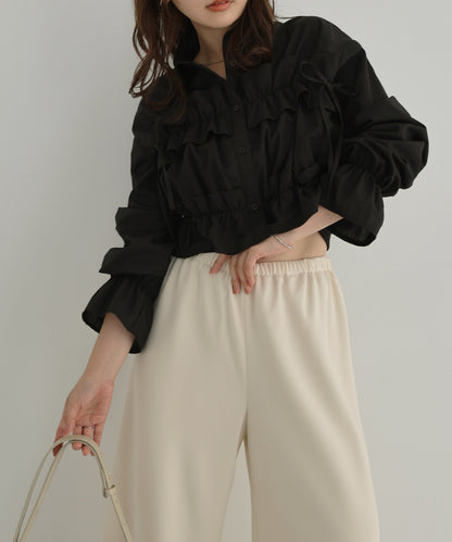 Plain Short Length Frill Shirt Blouse