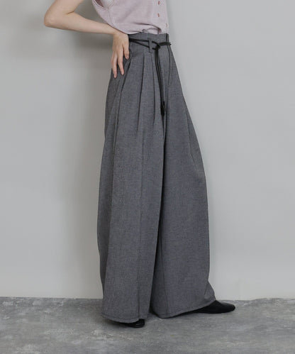BLUE EAST Wide Linen Blend Pants with Leather Drawstring Belt