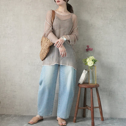 Mesh Linking Sheer Knit Pullover Top
