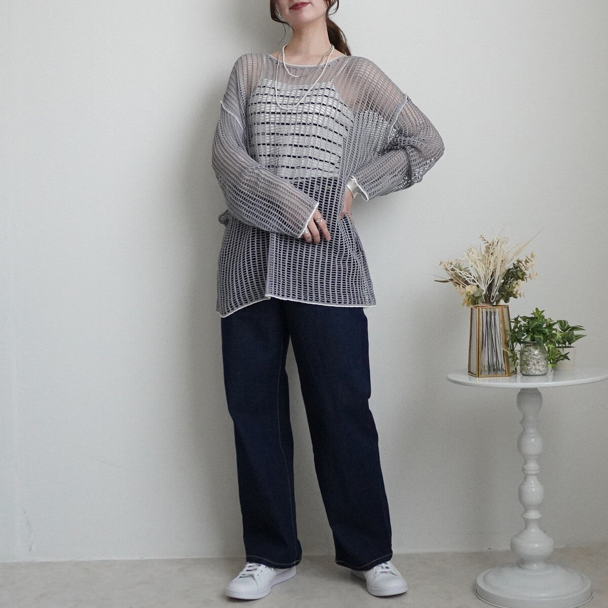 Mesh Linking Sheer Knit Pullover Top