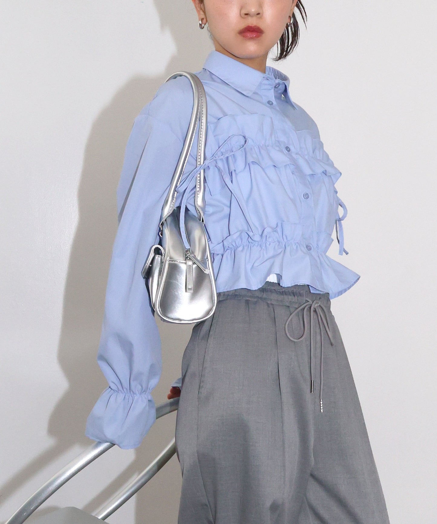 Plain Short Length Frill Shirt Blouse