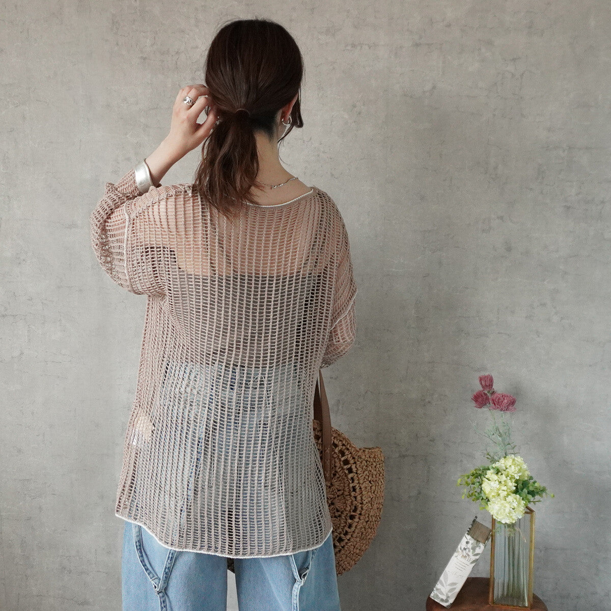 Mesh Linking Sheer Knit Pullover Top