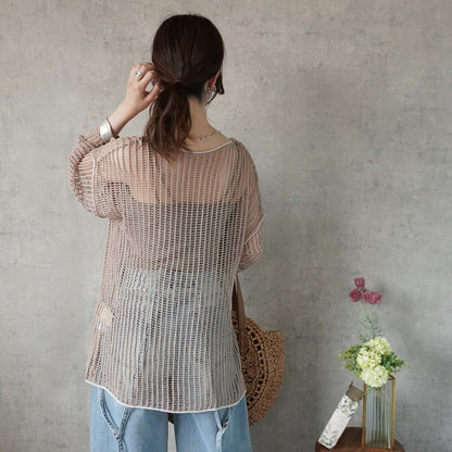 Mesh Linking Sheer Knit Pullover Top