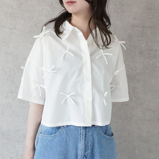 Ribbon Short Sleeve Shirt Blouse