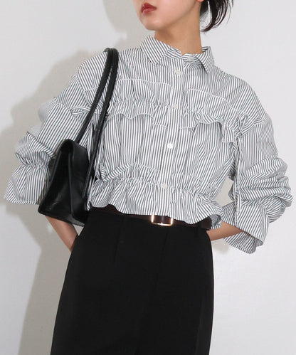 Plain Short Length Frill Shirt Blouse