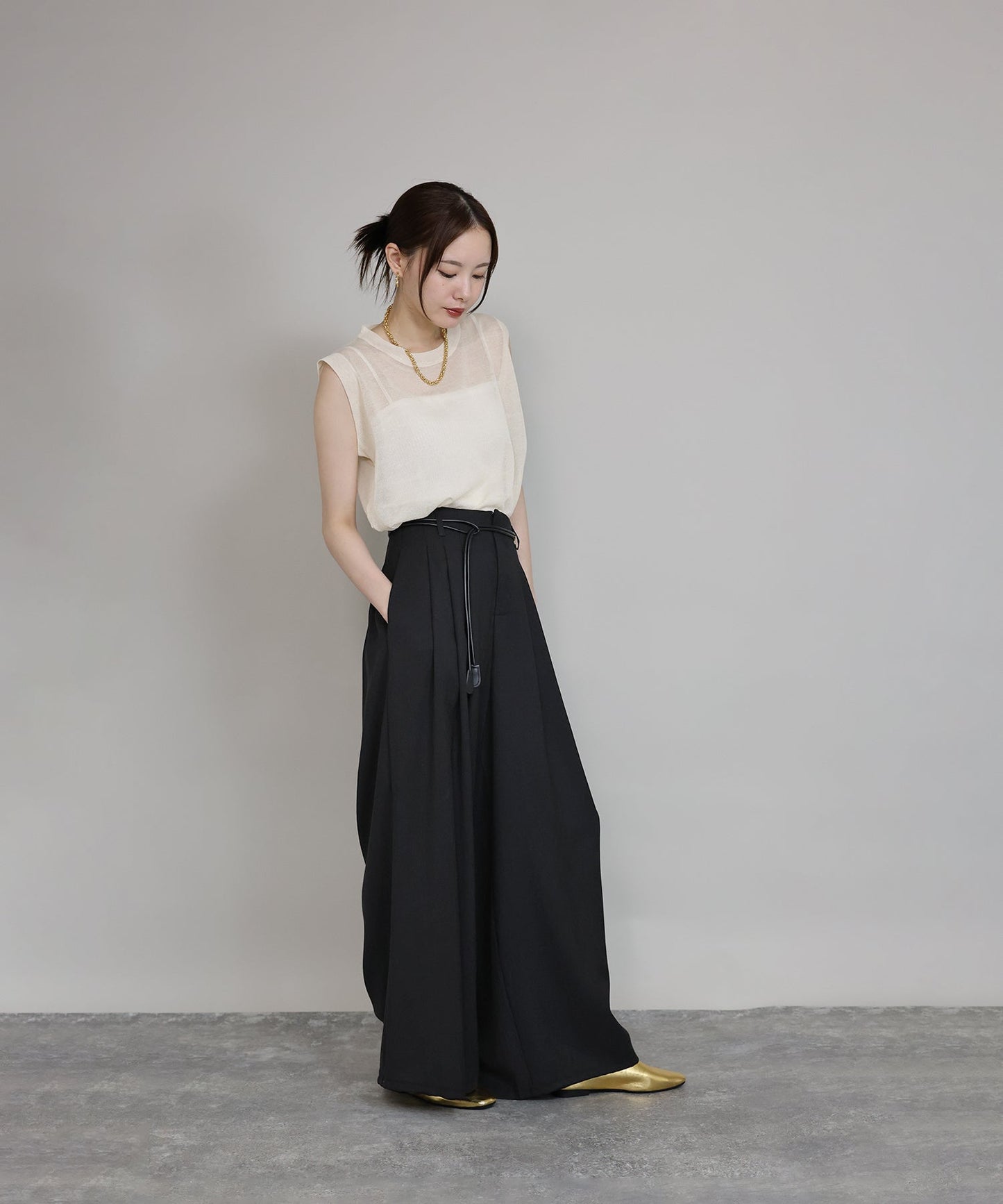 BLUE EAST Wide Linen Blend Pants with Leather Drawstring Belt