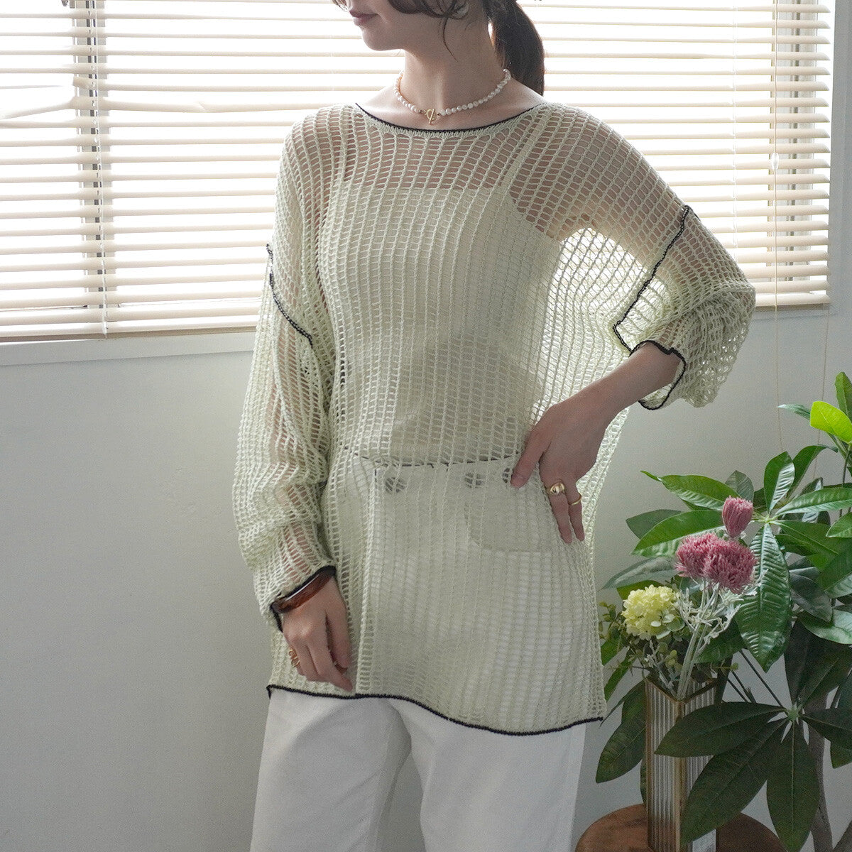 Mesh Linking Sheer Knit Pullover Top