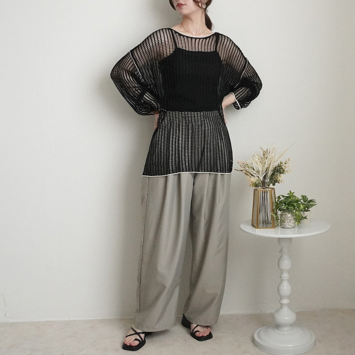 Mesh Linking Sheer Knit Pullover Top