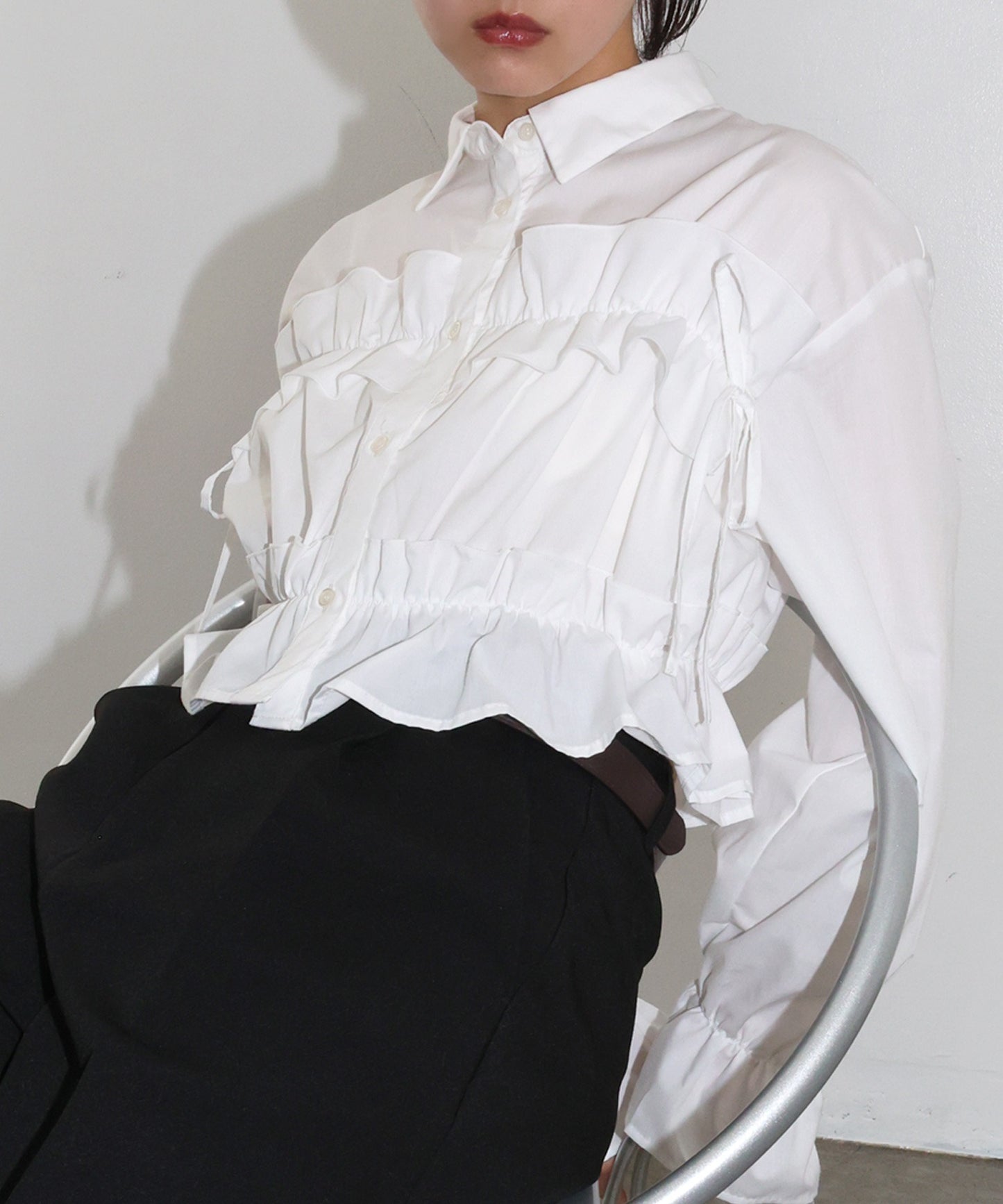 Plain Short Length Frill Shirt Blouse