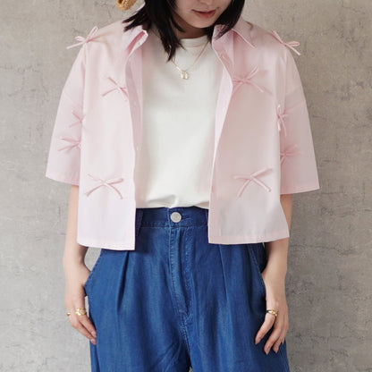 Ribbon Short Sleeve Shirt Blouse