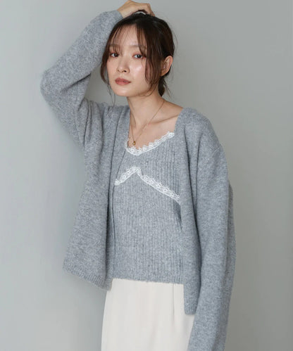 Bab Knit Lace Cami + Knit Cardigan Set