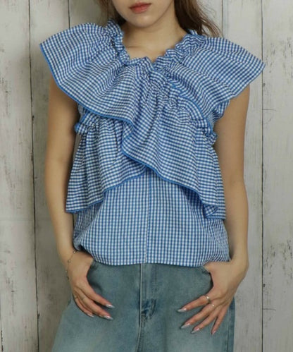 Cross-Gathered Check Blouse