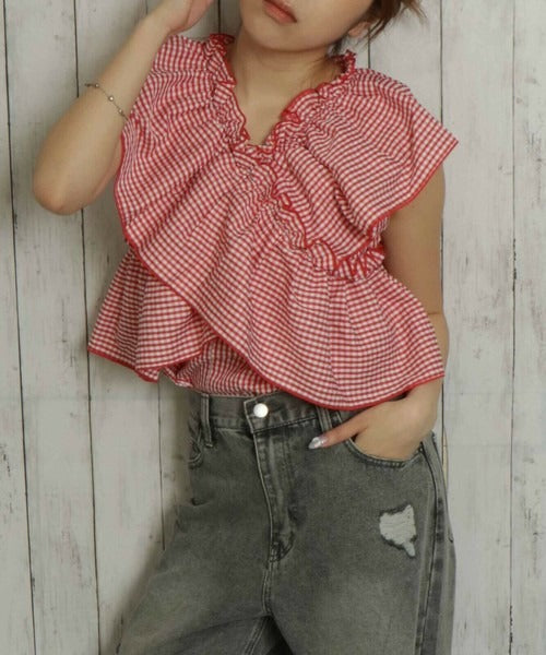 Cross-Gathered Check Blouse