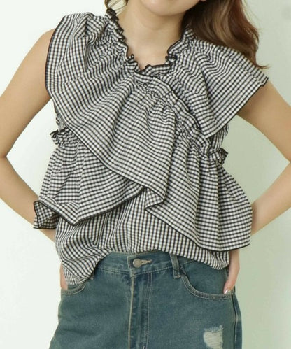 Cross-Gathered Check Blouse