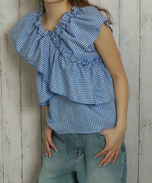Cross-Gathered Check Blouse