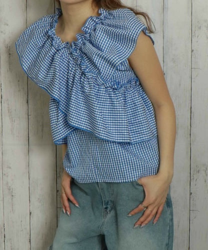 Cross-Gathered Check Blouse