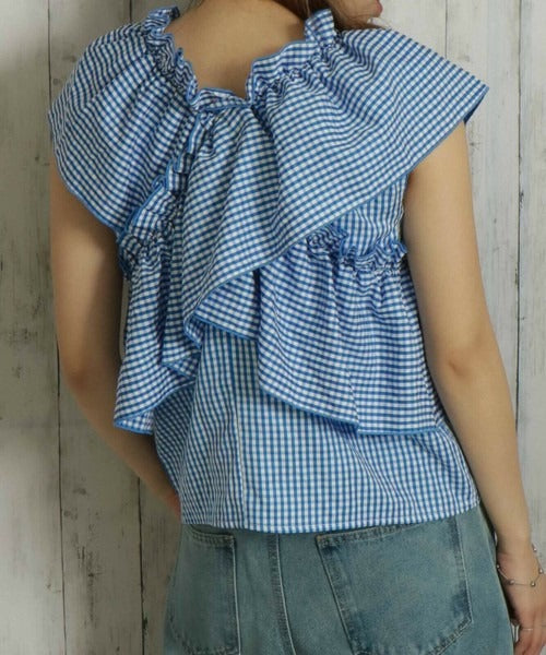 Cross-Gathered Check Blouse