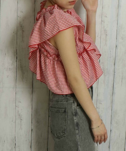 Cross-Gathered Check Blouse