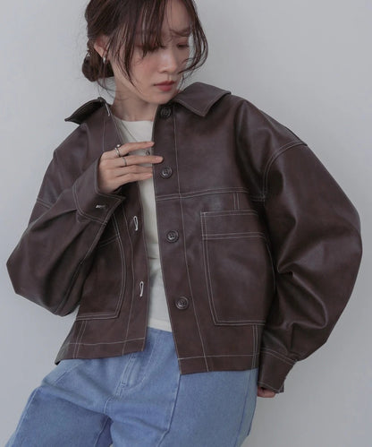 Bab Irregular Synthetic Leather Color-Scheme Stitch Jacket
