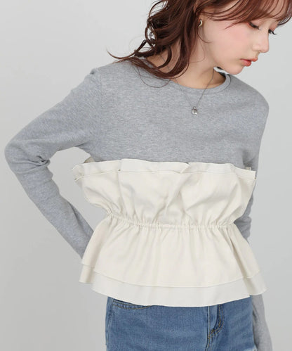Women’s Long Sleeve Layered Top – Peplum Contrast Style