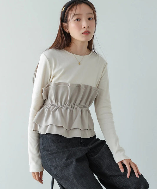 Women’s Long Sleeve Layered Top – Peplum Contrast Style
