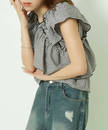 Cross-Gathered Check Blouse