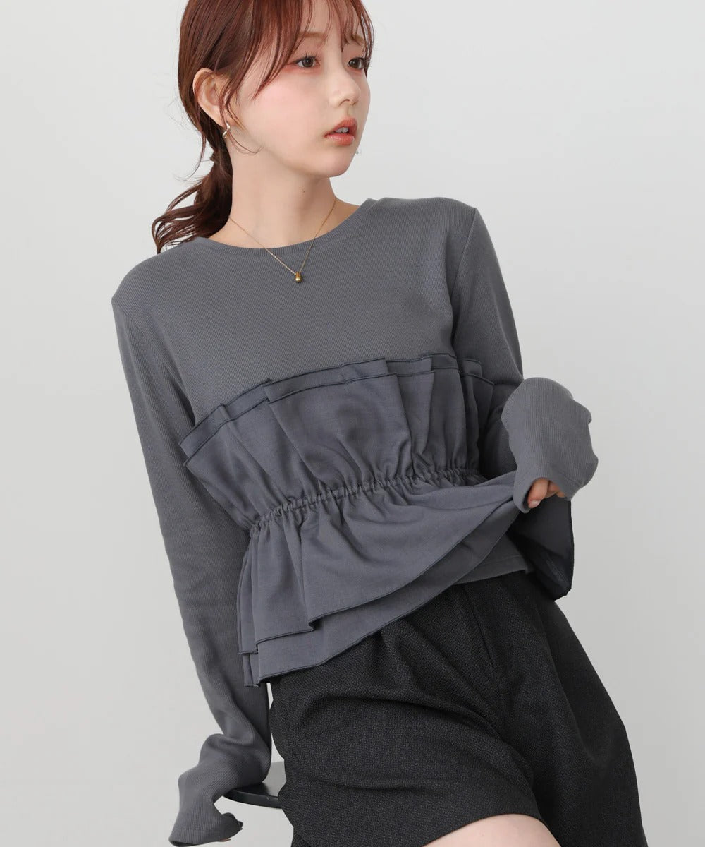 Women’s Long Sleeve Layered Top – Peplum Contrast Style
