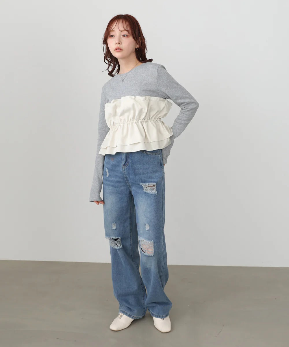 Women’s Long Sleeve Layered Top – Peplum Contrast Style