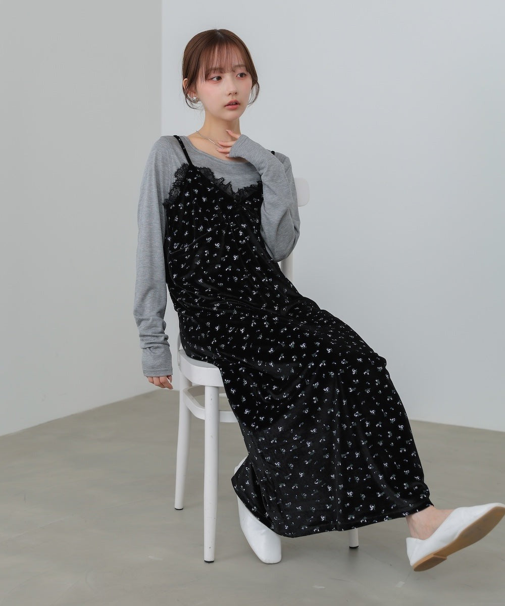 Bab Velvet Cami Dress with Small Floral Lace