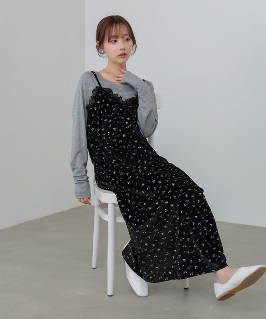 Bab Velvet Cami Dress with Small Floral Lace