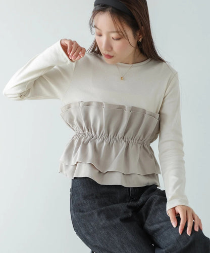 Women’s Long Sleeve Layered Top – Peplum Contrast Style