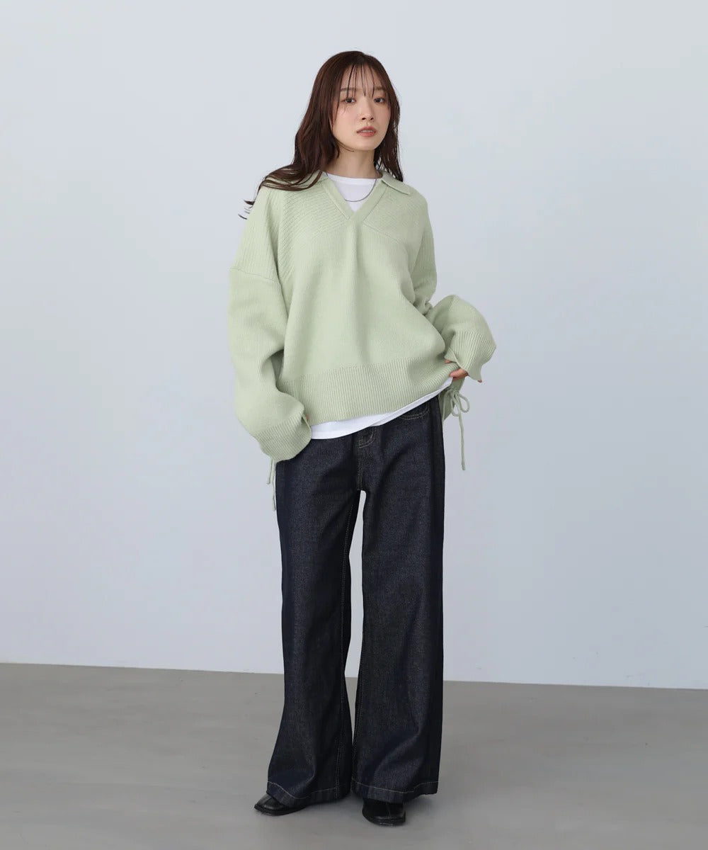 Bab Collared Ribbed Knit Top with Side Drawstring