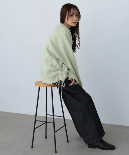 Bab Collared Ribbed Knit Top with Side Drawstring