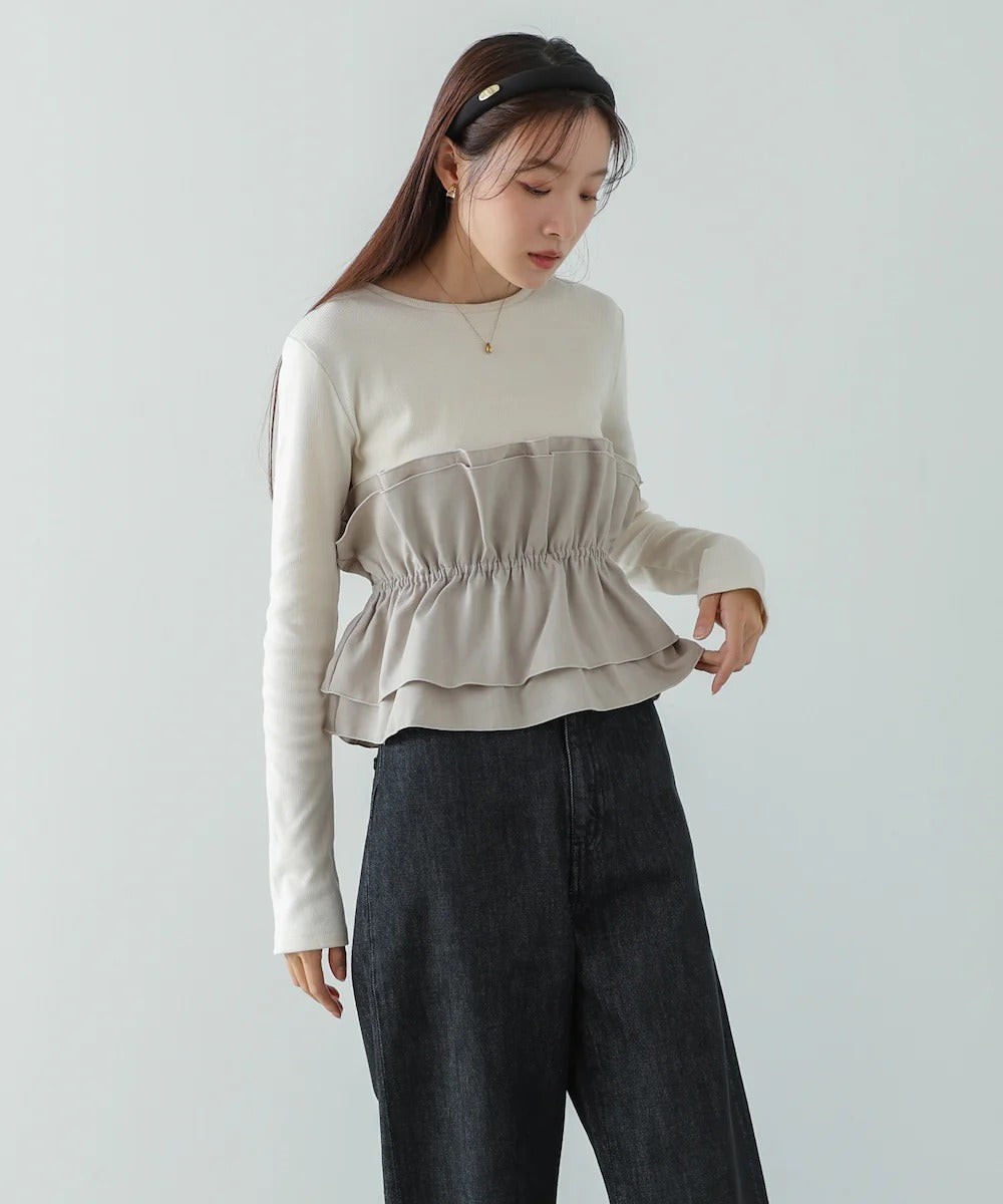 Women’s Long Sleeve Layered Top – Peplum Contrast Style