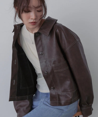 Bab Irregular Synthetic Leather Color-Scheme Stitch Jacket