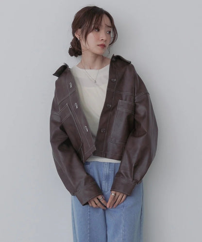 Bab Irregular Synthetic Leather Color-Scheme Stitch Jacket